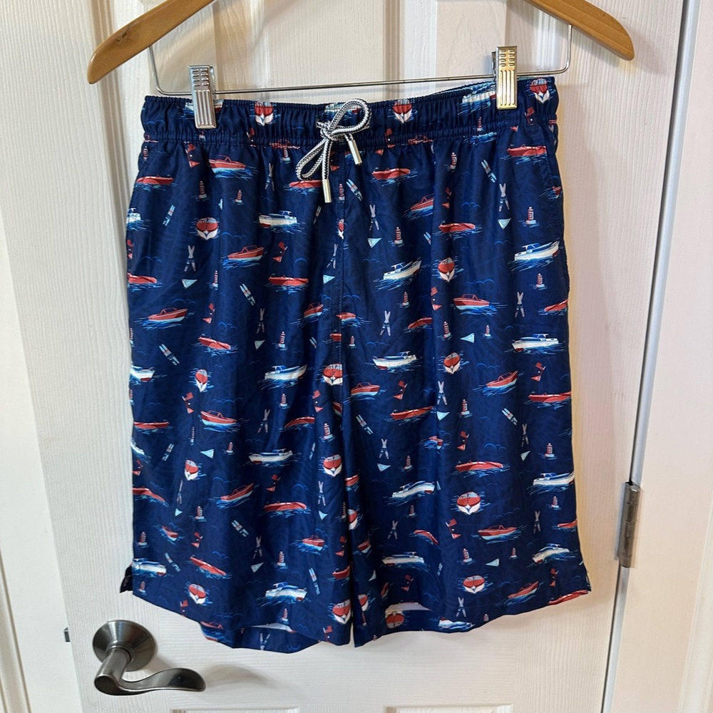 Peter Millar Seaside Swim Trunks Mens Medium Boat Print Logo Board Shorts Classy